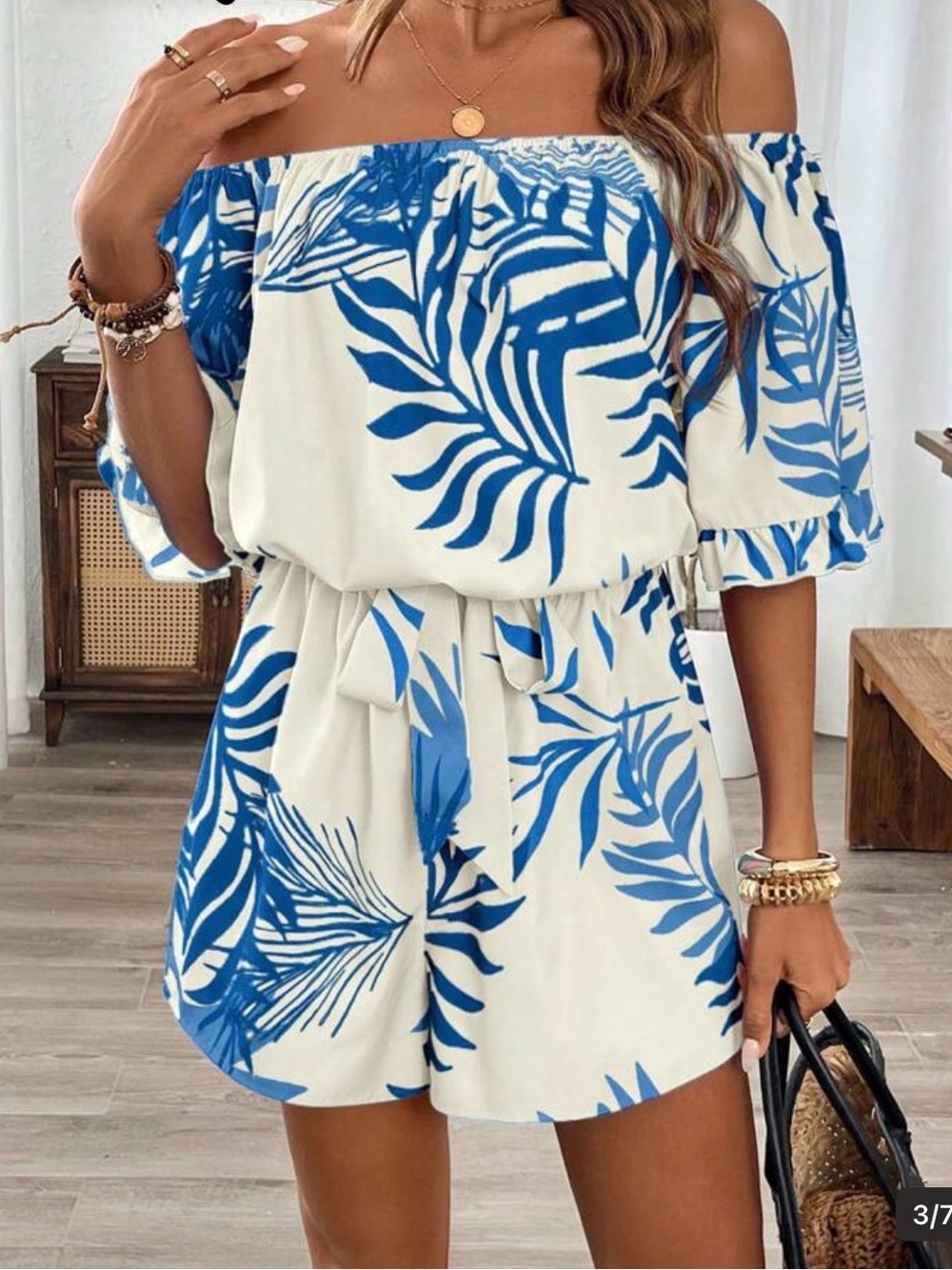Off-Shoulder Blue & White Tropical Print Romper